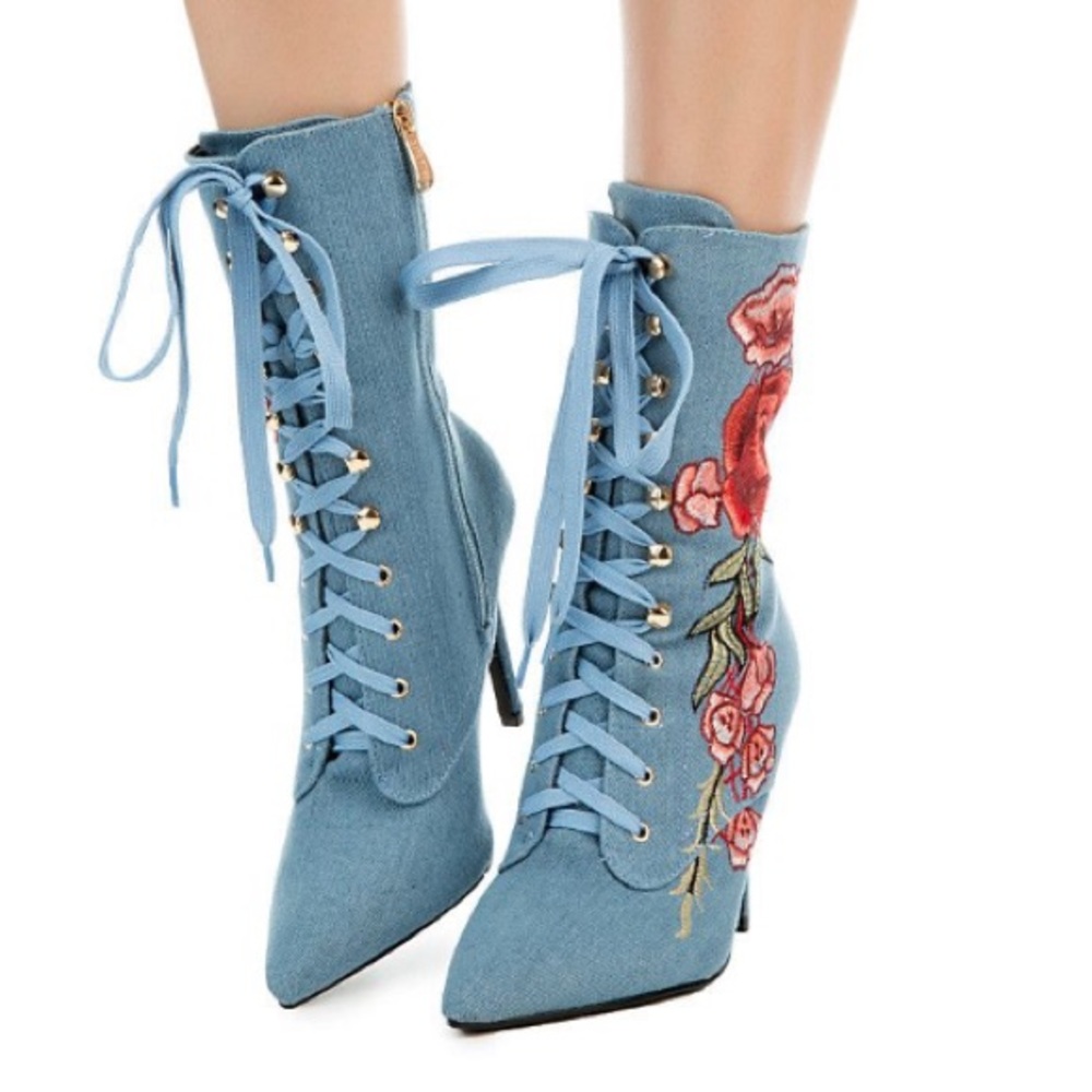 DENIM LACE UP ROSE BOOTIES - Picture 2 of 8